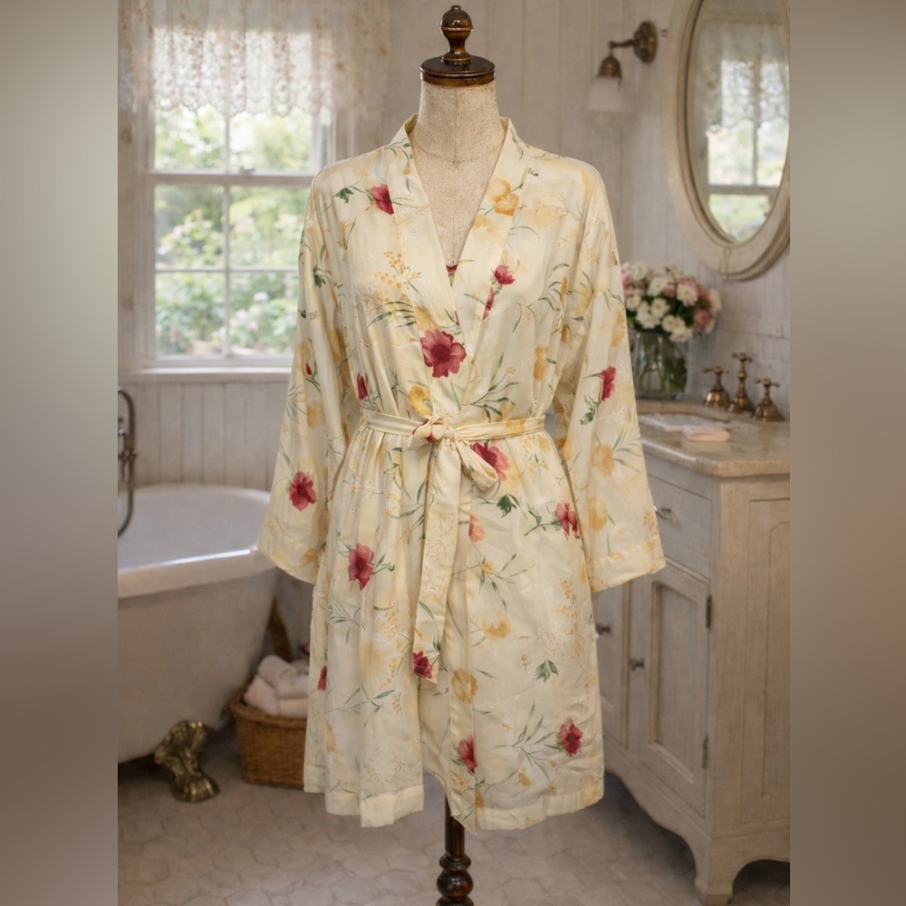 Vintage 1990s Holt Renfrew Collection Cream Yellow, Floral Robe & Slip Set